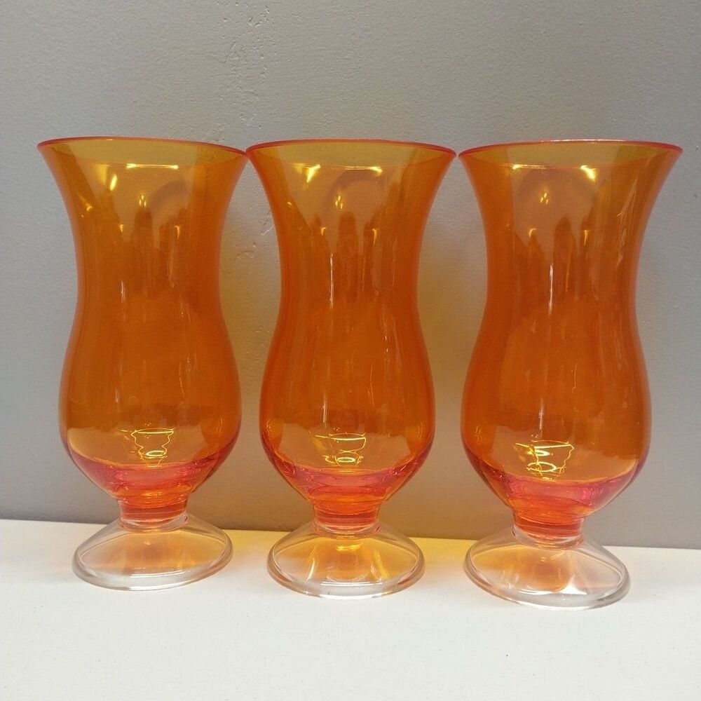 Set 3 Orange Plastic Hurricane Glasses 16 oz Retro Tiki Barware Cups